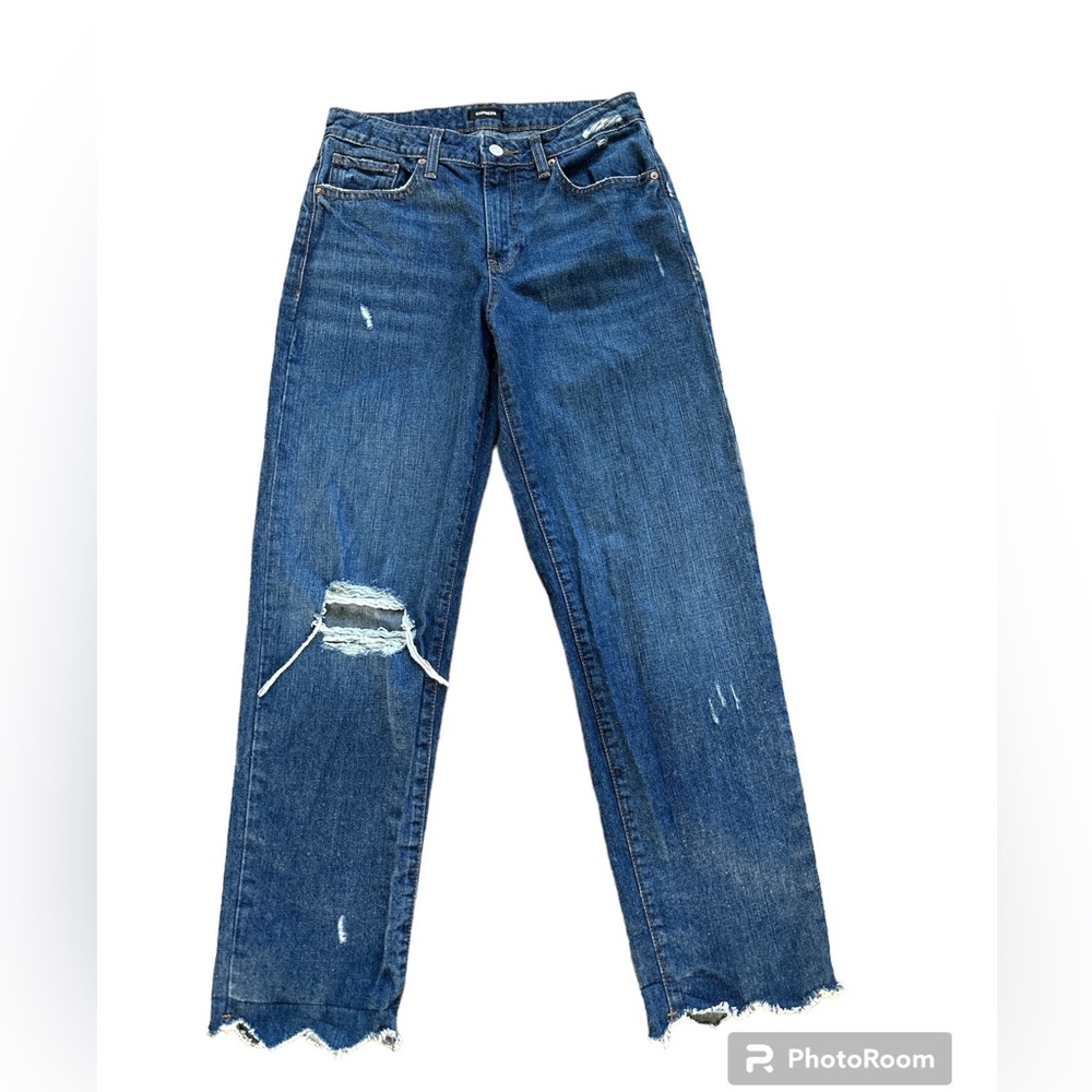 Express Mid Rise Dark Wash Raw Hem Boyfriend Jeans - Picture 9 of 9
